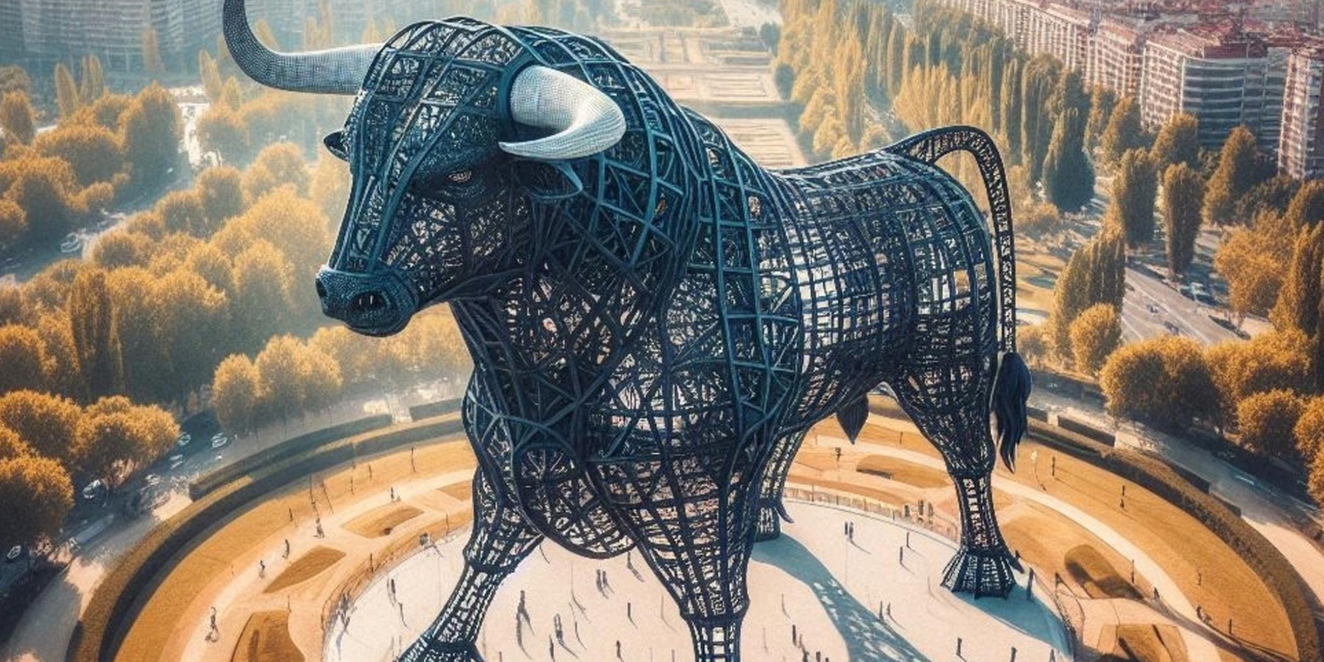 Die von der Academia de Tauromaquia (Spanische Akademie für Stierkampf) zur Verfügung gestellte undatierte Visualisierung zeigt eine geplante Stierskulptur aus Metall mit einer Höhe von 300 Meter am 31.07.2025.