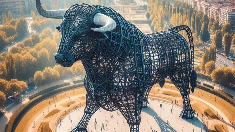 Die von der Academia de Tauromaquia (Spanische Akademie für Stierkampf) zur Verfügung gestellte undatierte Visualisierung zeigt eine geplante Stierskulptur aus Metall mit einer Höhe von 300 Meter am 31.07.2025.