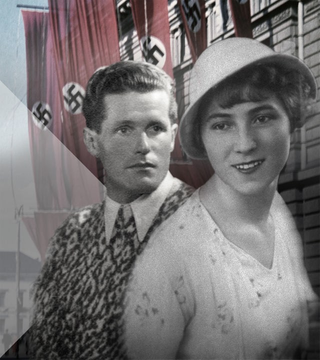Mann und Frau vor NS-Beflaggung (Montage)
