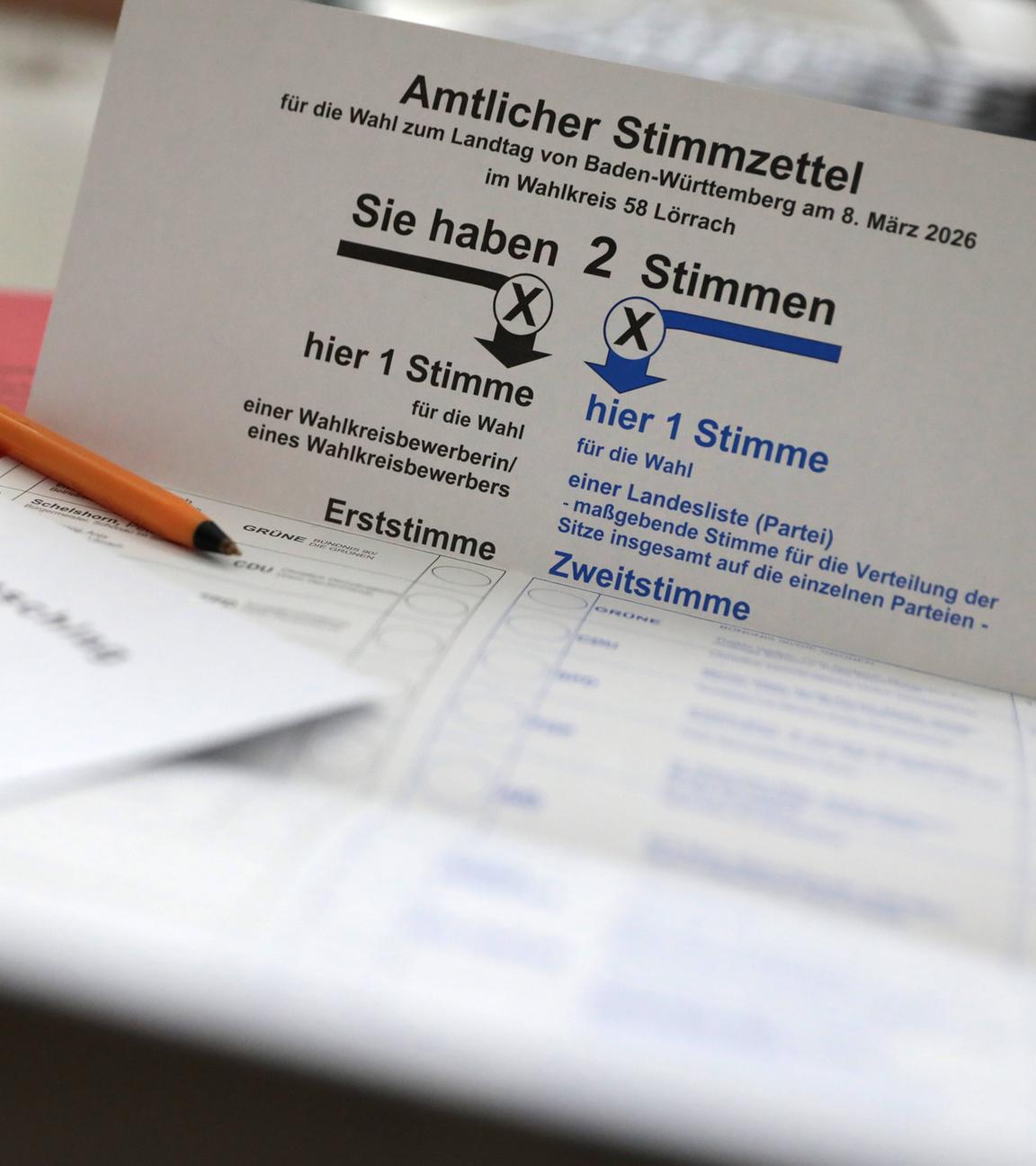 Amtlicher Stimmzettel für die Wahl zum Landtag von Baden-Württemberg am 08.03.2026