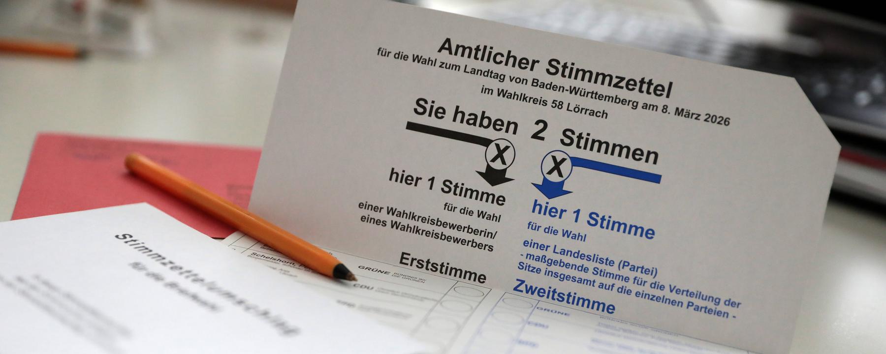 Amtlicher Stimmzettel für die Wahl zum Landtag von Baden-Württemberg am 08.03.2026
