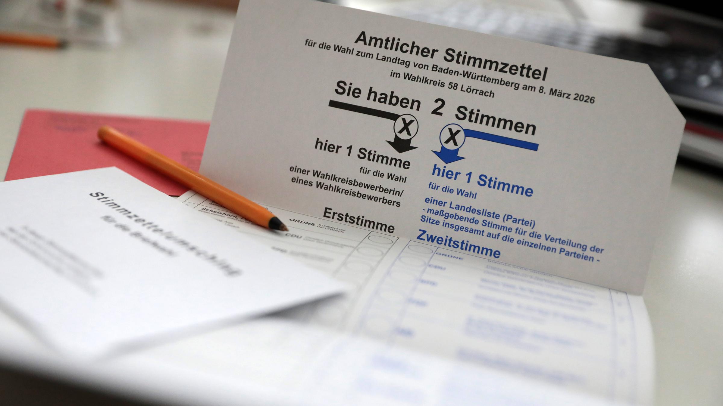 Amtlicher Stimmzettel für die Wahl zum Landtag von Baden-Württemberg am 08.03.2026