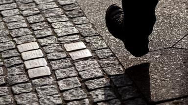 Ein Fuß ist rechts neben sechs Stolpersteinen zu sehen.