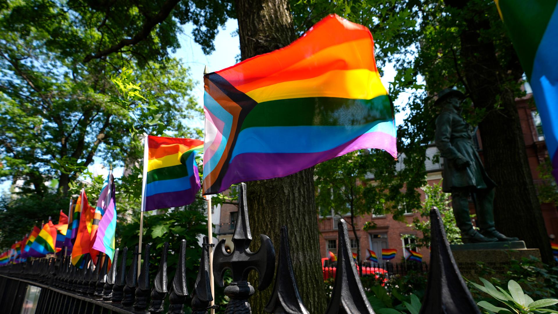 Pride-Flaggen flattern im Wind am Stonewall National Monument