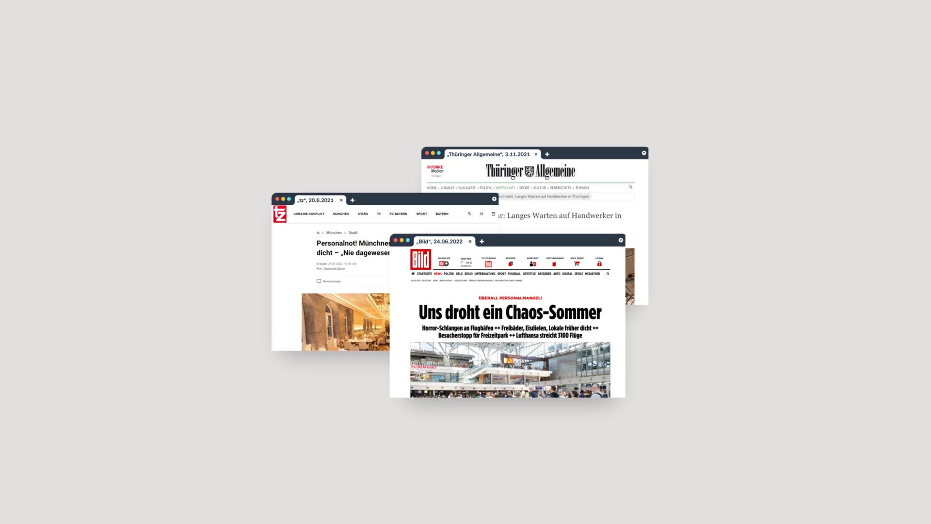 Screenshots von Zeitungs-Webseiten zum Thema Fachkräftemangel