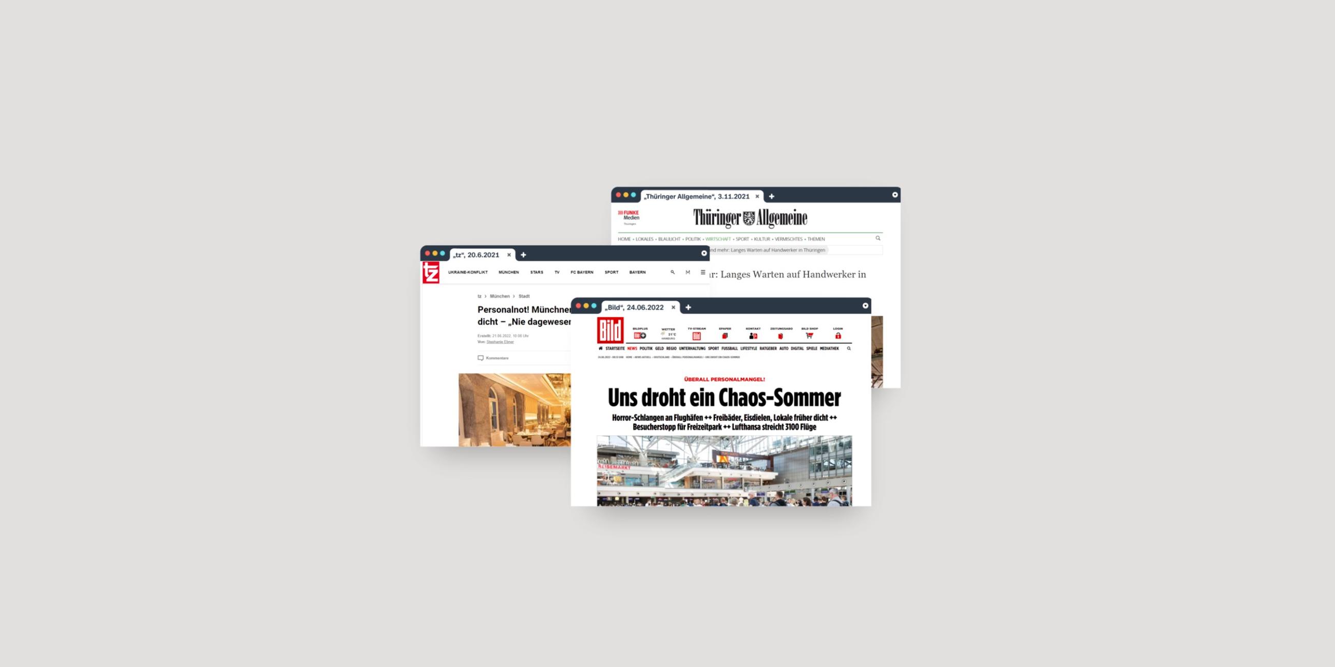 Screenshots von Zeitungs-Webseiten zum Thema Fachkräftemangel