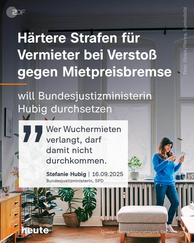 Ein Social-Media-Info-Bild mit dem Schriftzug: Härtere Strafen für Vermiete bei Verstoß gegen Mietpreisbremse will Bundesjustizministerin Hubig druchsetzen. "Wer Wuchermieten verlangt, darf nicht durchkommen".