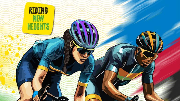 Flyer zur Strassenradsport-WM in Ruanda. Darauf sind zwei Radsportler während sie fahren zu sehen.