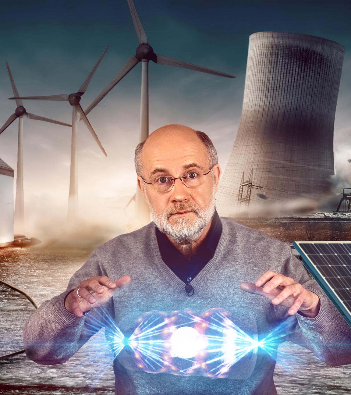 Grafik: Harald Lesch umgeben von Windrädern, E-Auto, Einstürzendem AKW und Solarzellen