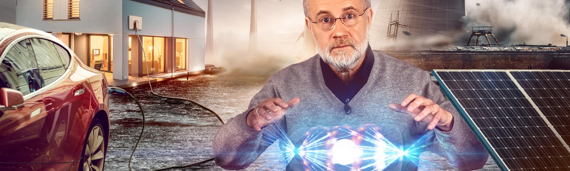 Grafik: Harald Lesch umgeben von Windrädern, E-Auto, Einstürzendem AKW und Solarzellen