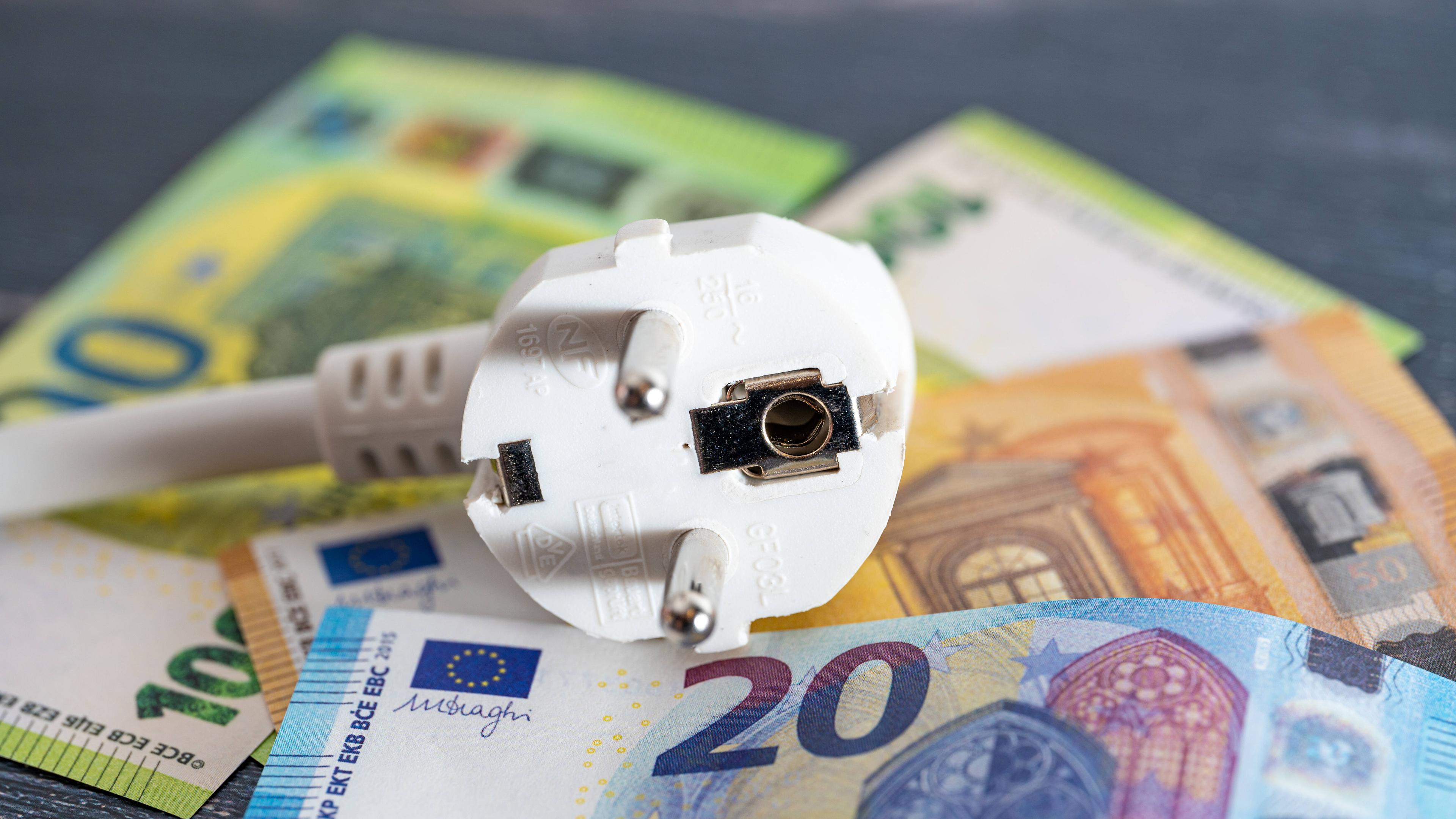 Ein Stromkabel-Stecker liegt auf Euroscheinen.