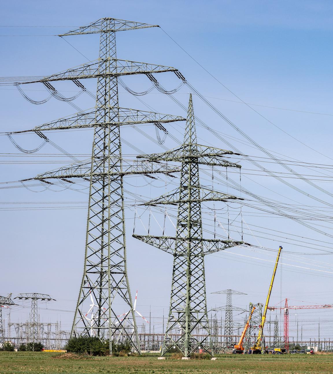Sachsen-Anhalt, Bad Lauchstädt: Monteure errichten einen Strommast in der Nähe des Kraftwerks Schkopau. 