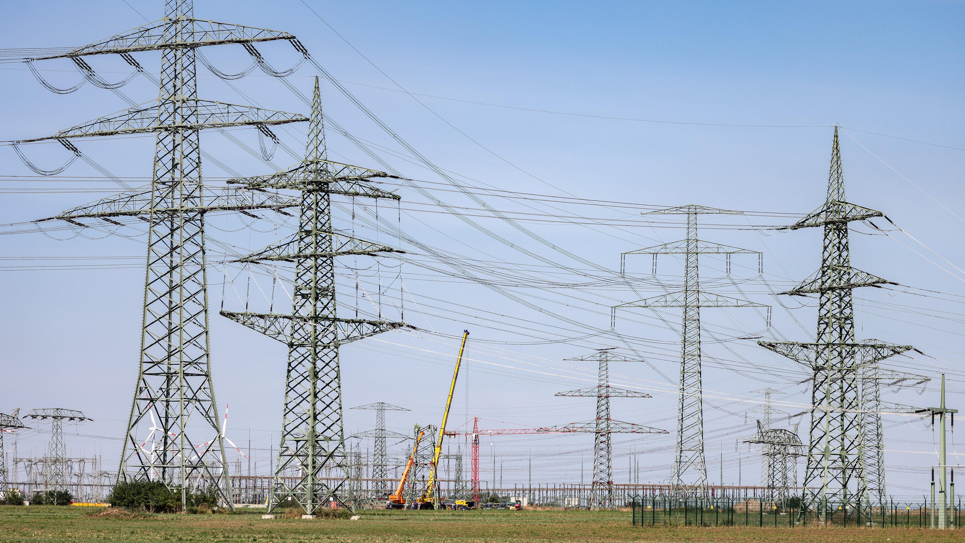 Sachsen-Anhalt, Bad Lauchstädt: Monteure errichten einen Strommast in der Nähe des Kraftwerks Schkopau. 