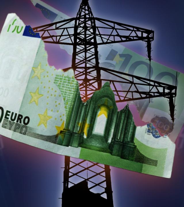 Strommast, der einen Geldschein durchtrennt