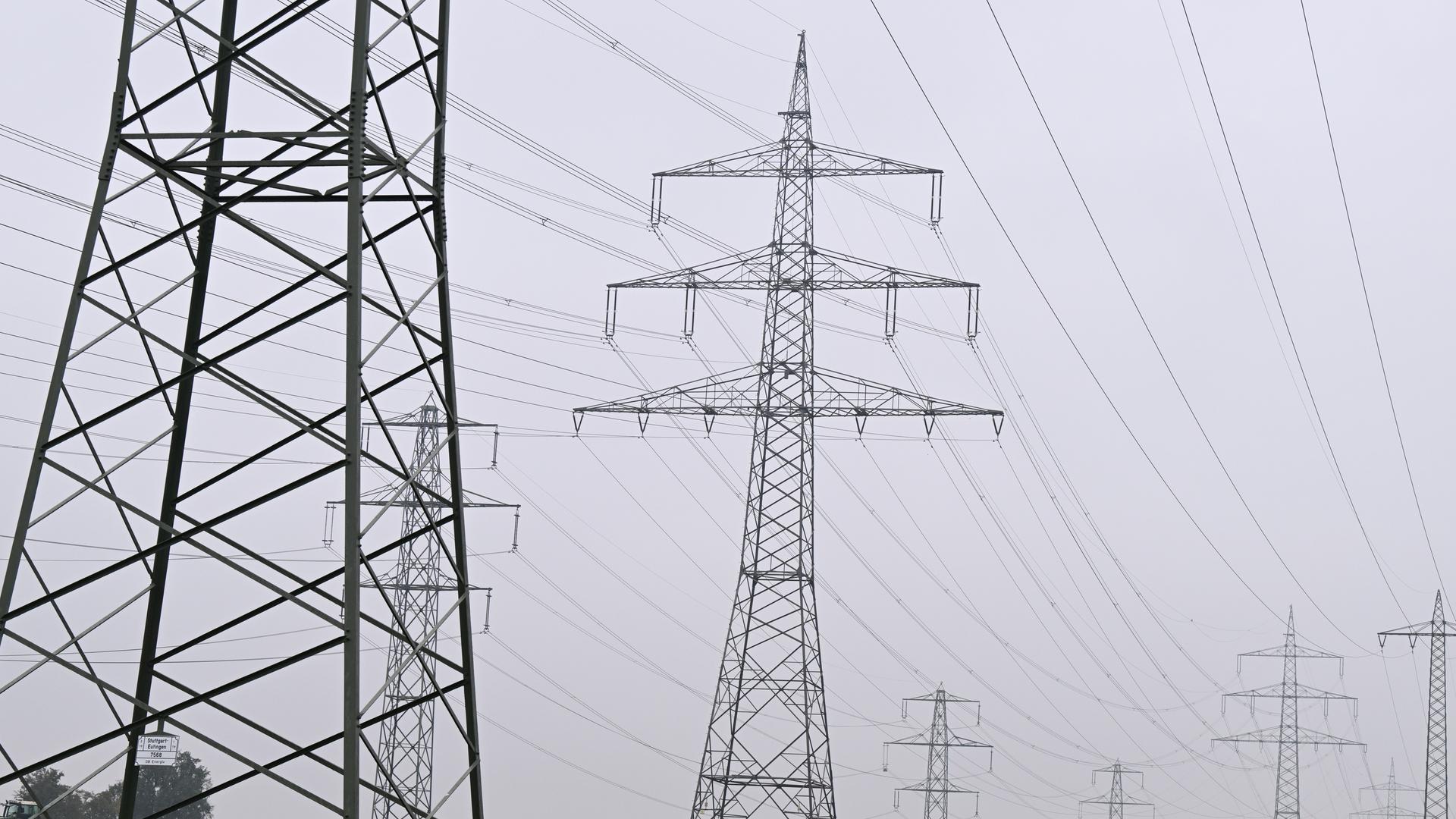 Mehrere Strommasten von Überlandleitungen stehen in der Nähe eines Umspannwerks.
