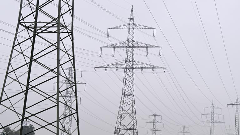 Mehrere Strommasten von Überlandleitungen stehen in der Nähe eines Umspannwerks.