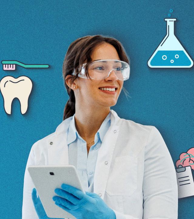 Man sieht eine Chemikerin mit Brille und im Hintergrund viele Symbole als Beispiel für diverse Studiengänge