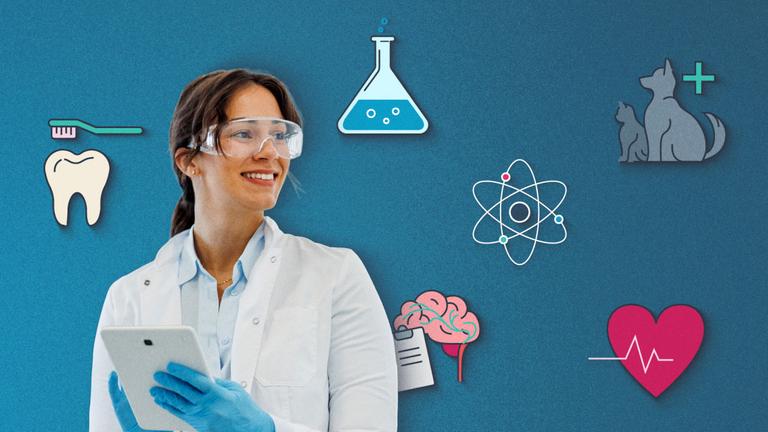 Man sieht eine Chemikerin mit Brille und im Hintergrund viele Symbole als Beispiel für diverse Studiengänge