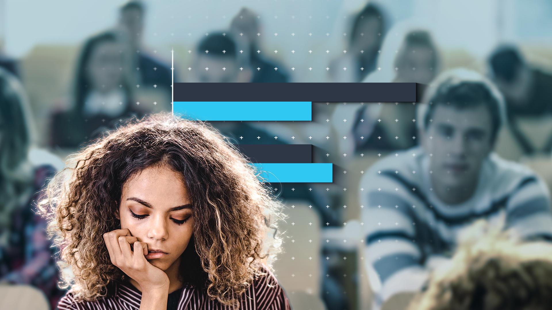 Eine Studentin sitzt in einem Hörsaal, stützt ihren Kopf auf ihrer Hand ab und hat die Augen geschlossen. Im Hintergrund ist eine Grafik zu sehen.