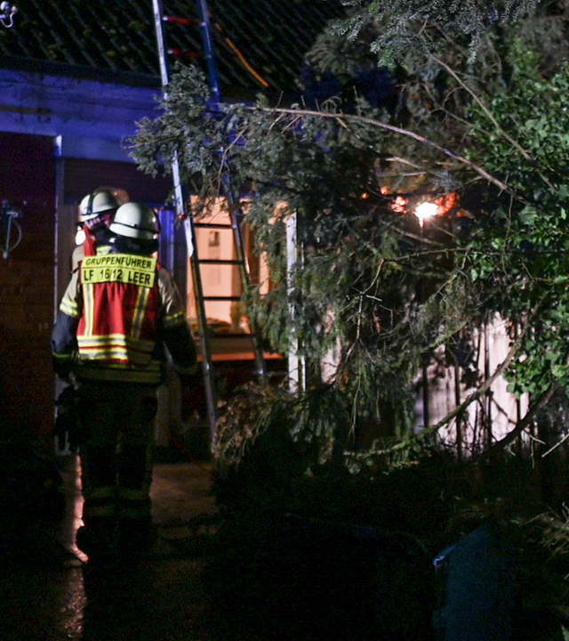 Einsatzkräfte mit umgestürtzten Baum