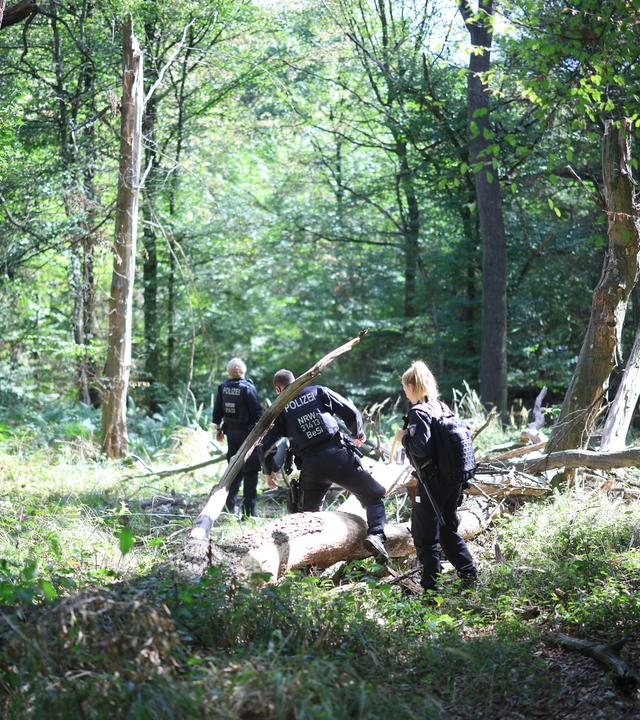 Polizeikräfte durchsuchen ein Waldstück bei einem Großeinsatz am Hambacher Forst. 