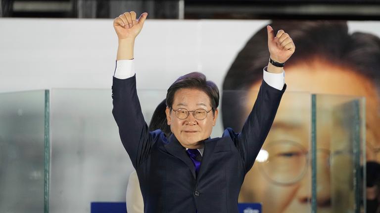 South Korea's Democratic Party's presidential candidate Lee Jae-myung, gestures as his supporters gather outside of the National Assembly in Seoul, South Korea, Wednesday, June 4, 2025.