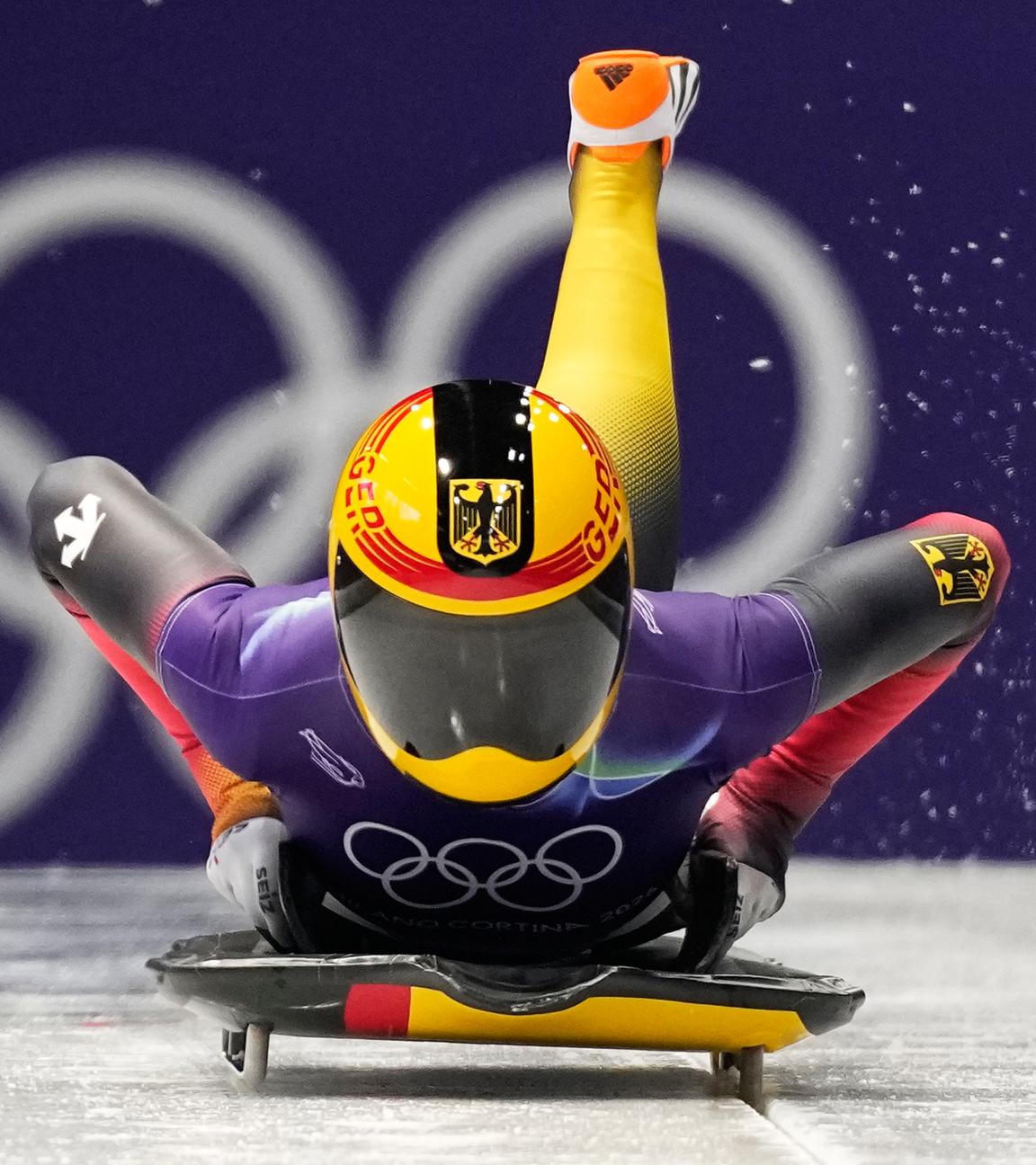 Die deutsche Skeleton-Rennfahrerin Susanne Kreher startet ihren 1. Lauf bei den Olympischen Winterspielen in Cortina