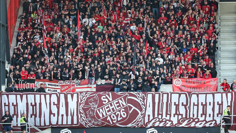 Fans des SV Wehen Wiesbaden auf der Tribüne.