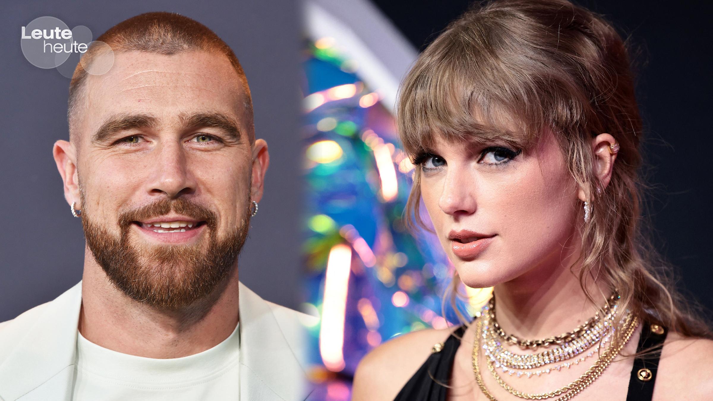 Auf der linken Seite Footballspieler Travis Kelce, auf der rechten Seite Sängerin Taylor Swift.
