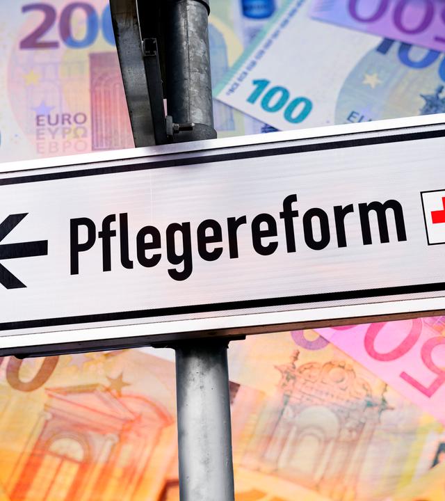 Wegweiser mit Aufschrift Pflegereform vor Euroscheinen, Fotomontage