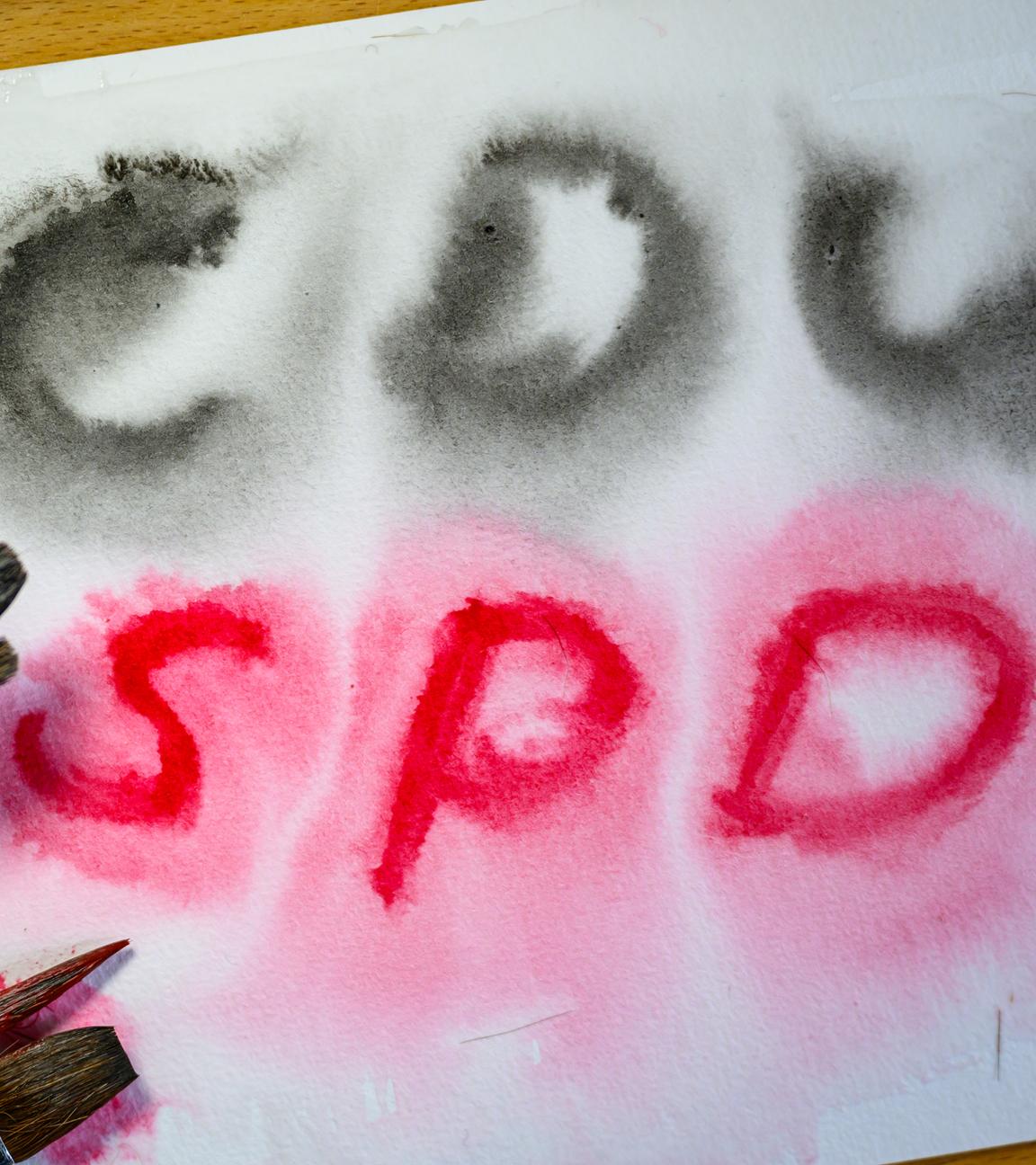 Ein Blatt mit den Worten CDU und SPD in rot und schwarz