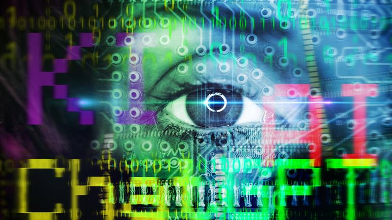 Symbolfoto KI: Ein Auge blickt durch eine Matrix aus Zahlen und Punkten.