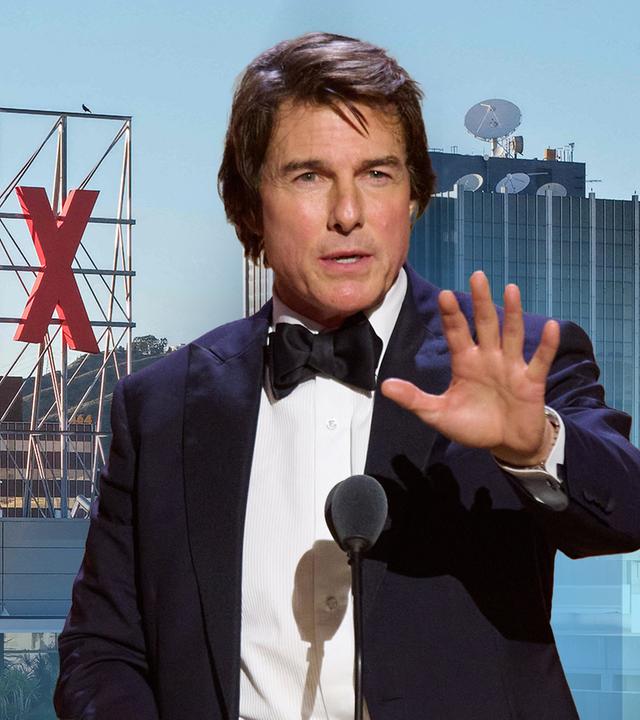 Ein Bild von Tom Cruise in schwarzem Sakko auf der rechten Seite und auf der linken Seite als Hintergrundbild ein Bild von dem Netflix-Gebäude mit dem Schriftzug der Firma.
