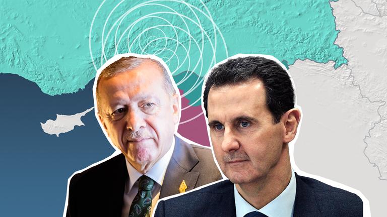 Erdogan und Assad vor Karte von türkisch-syrischer Grenze