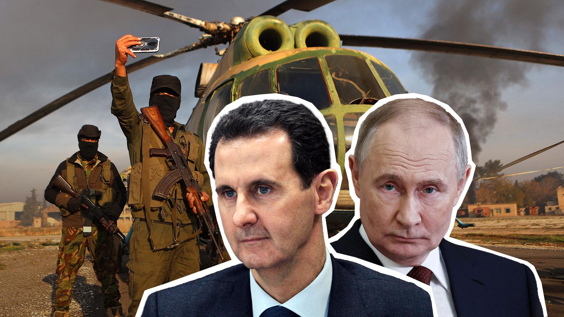 Assad und Putin im Vordergrund, Hubschrauber mit Rebellen im Hintergrund 