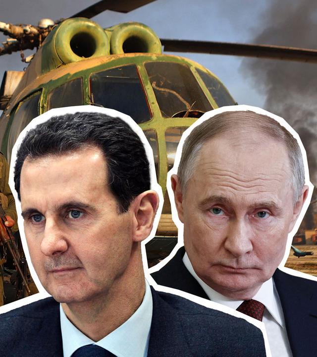 Assad und Putin im Vordergrund, Hubschrauber mit Rebellen im Hintergrund 