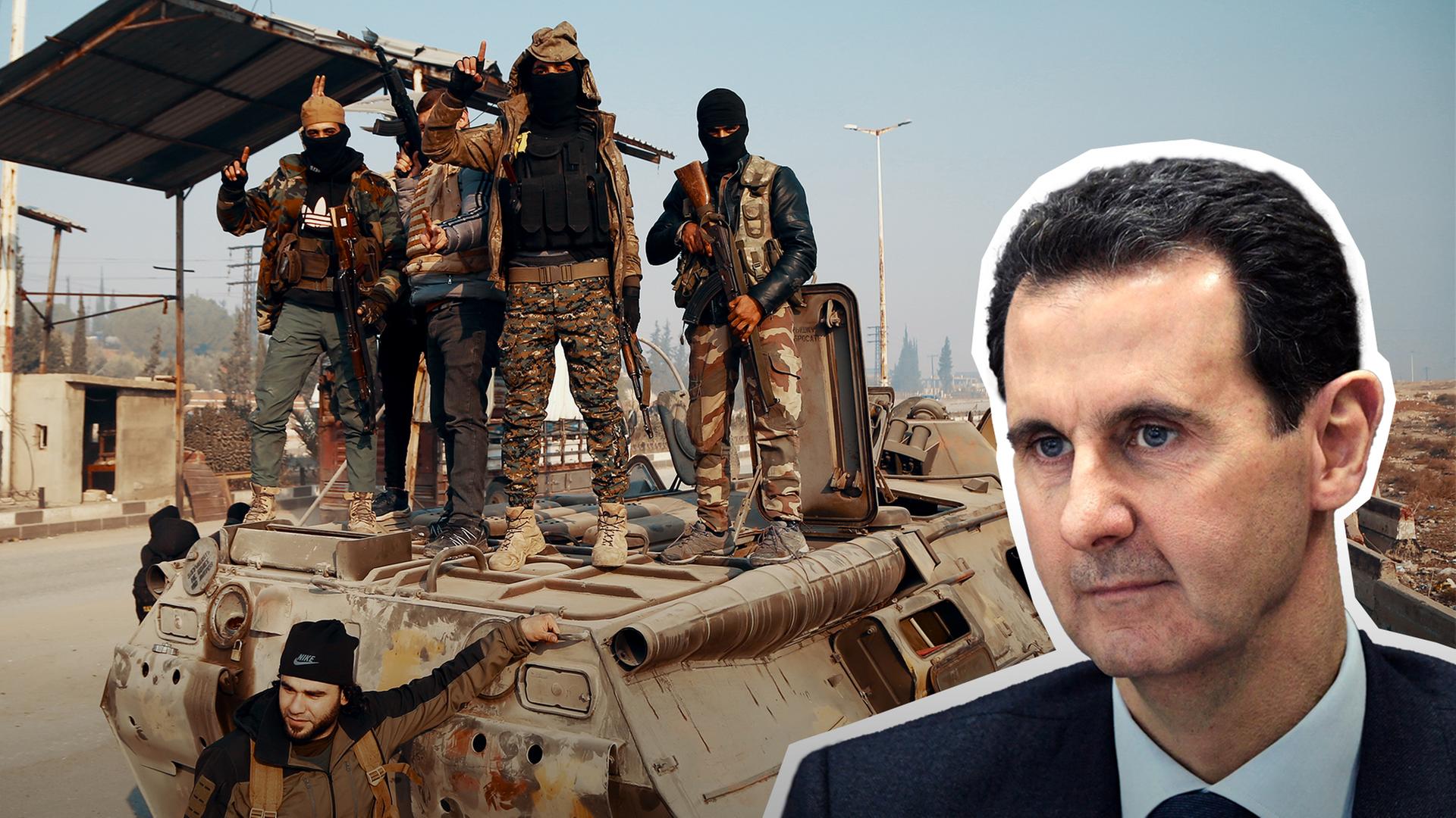 Syriens Präsident Assad vor Panzer mit Rebellen