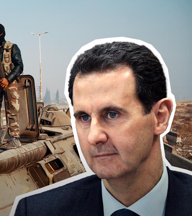 Syriens Präsident Assad vor Panzer mit Rebellen