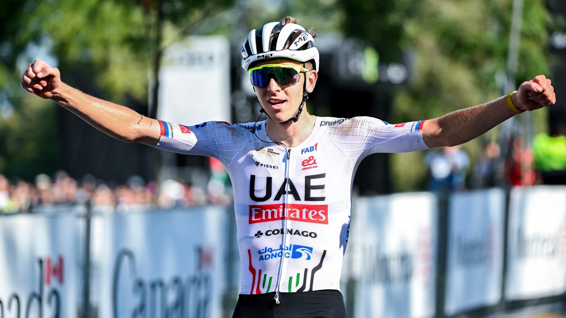 Tadej Pogacar aus Slowenien reagiert nach seinem Sieg beim UCI WorldTour Montreal Grand Prix.