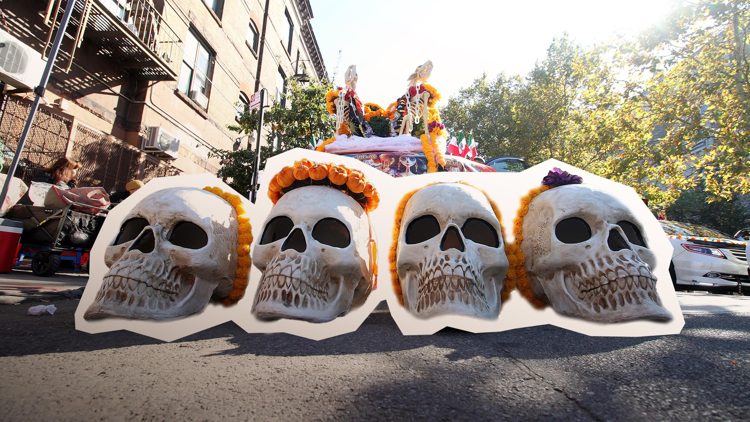 Auf dem Bild sind vier riesige Totenköpfe zu erkennen. Sie liegen vor einem Umzugswagen und haben orangefarbene Blumenkränze auf dem Schädel.