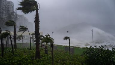 24.09.2025, China, Hongkong: Bäume werden von starken Winden in Heng Fa Chuen umgeweht, als Taifun «Ragasa» vorbeizieht.