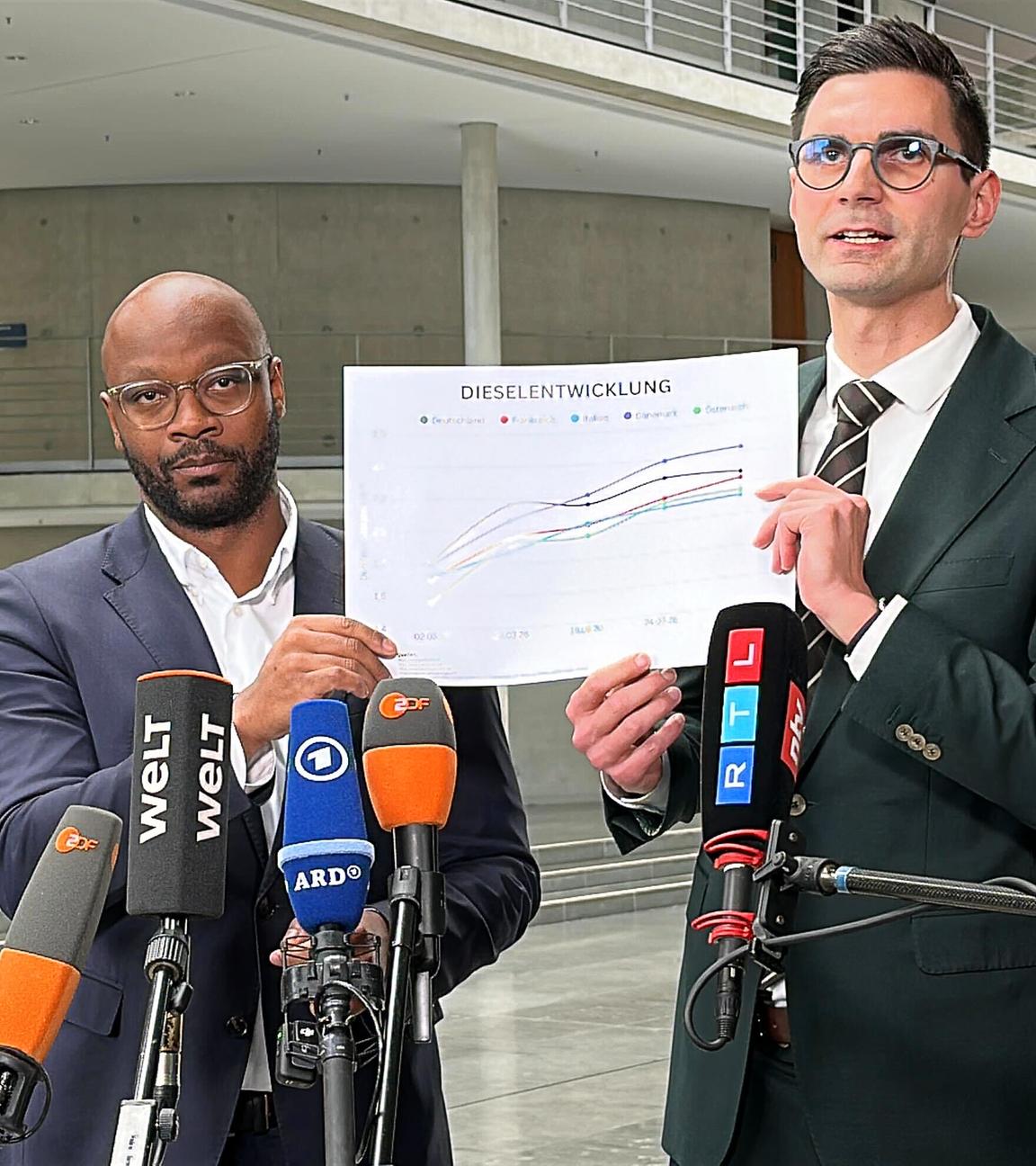 erlin: Armand Zorn (l, SPD) und Sepp Müller (CDU), Vorsitzende der von der Regierungskoalition eingesetzten Taskforce zu den Auswirkungen des Iran-Krieges, erläutern bei einem Pressestatement nach einer Sitzung des Gremiums Vorschläge zur Entlastung der Bürger.