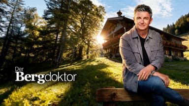 Der Bergdoktor – Dr. Martin Gruber (Hans Sigl) sitzt auf der Rückenlehne einer Holzbank. Er wird von der tiefstehenden Abensonne beleuchtet. Im Hintergrund ist seine Hütte in mitten einer verträumten Berglandschaft zu sehen. Er hat sein rechtes Bein lässig über das linke geschlagen und seine Oberarme auf den Oberschenkeln abgelegt.