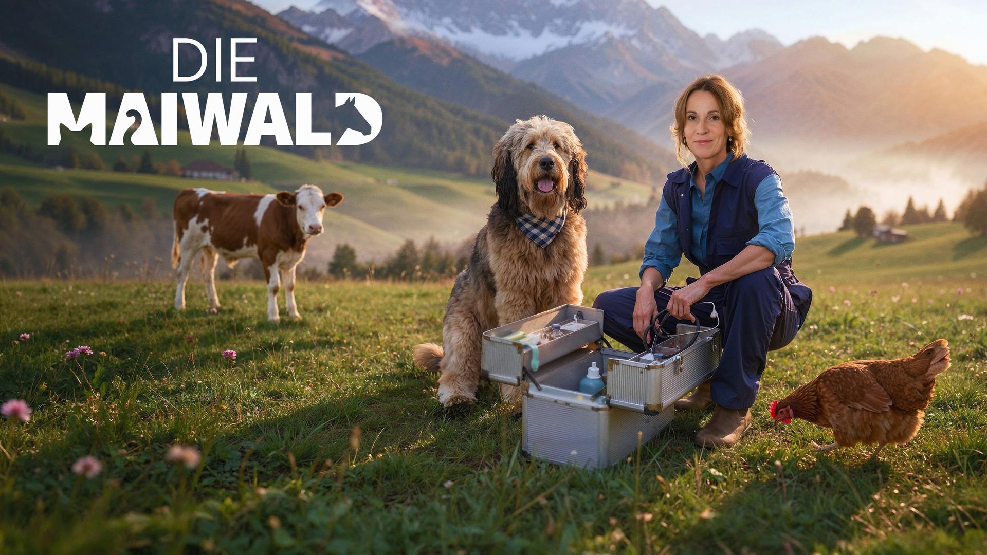 Johanna Maiwald (Doris Schretzmayer), Tierärztin in Maria Alm, steht vor einer grünen Bergkulisse mit eisbedeckten Spitzen. Sie trägt ein Stethoskop um den Hals. Vor ihr sitzt ein großer langhaariger Hund mit einem Stofftuch um den Hals. Hinter ihr schaut neugierig der Kopf eines Kalbs hervor. es hat ein paar Löwenzahnblüten im Maul.