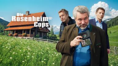 Die drei Rosenheim-Cops (von links nach rechts) Polizeihauptmeister Michi Mohr (Max Müller), Kriminalhauptkommissar Anton Stadler (Dieter Fischer) und Kriminalhauptkommissar Sven Hansen (Igor Jeftić) stehen vor einer sonnigen Berglandschaft. Links von ihnen ist ein dreistöckiges, alleinstehendes Holzhaus zu sehen, hinter ihnen der türkis-blaue Himmel. Die drei stehen in einer Wildblumenwiese. Kriminalhauptkommissar Anton Stadler hält seinen Dienstausweis hoch.