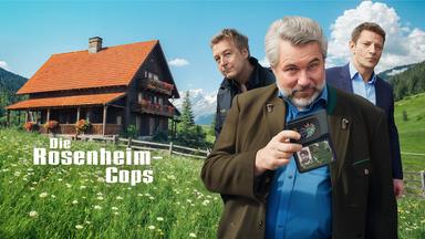 Die drei Rosenheim-Cops (von links nach rechts) Polizeihauptmeister Michi Mohr (Max Müller), Kriminalhauptkommissar Anton Stadler (Dieter Fischer) und Kriminalhauptkommissar Sven Hansen (Igor Jeftić) stehen vor einer sonnigen Berglandschaft. Links von ihnen ist ein dreistöckiges, alleinstehendes Holzhaus zu sehen, hinter ihnen der türkis-blaue Himmel. Die drei stehen in einer Wildblumenwiese. Kriminalhauptkommissar Anton Stadler hält seinen Dienstausweis hoch.