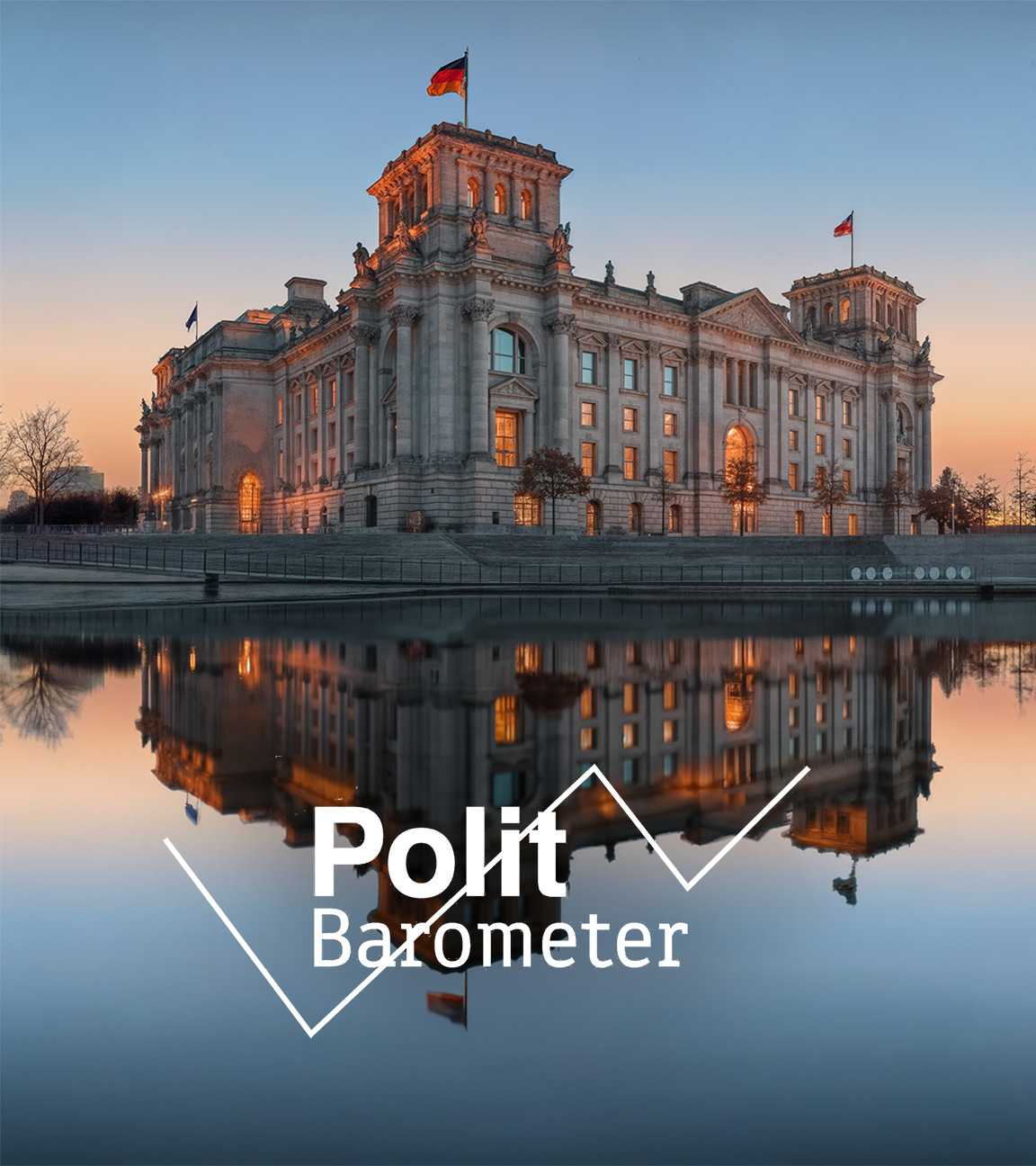 Der Bundestag im Sonnenuntergangslicht. Rechts vom Reichstag ist noch ein Teil des Paul-Löbe-Hauses zu erkennen. Links andere Gebäude im politischen Berlin. Alle Gebäude spiegeln sich am unteren Bildrand in der Spree.