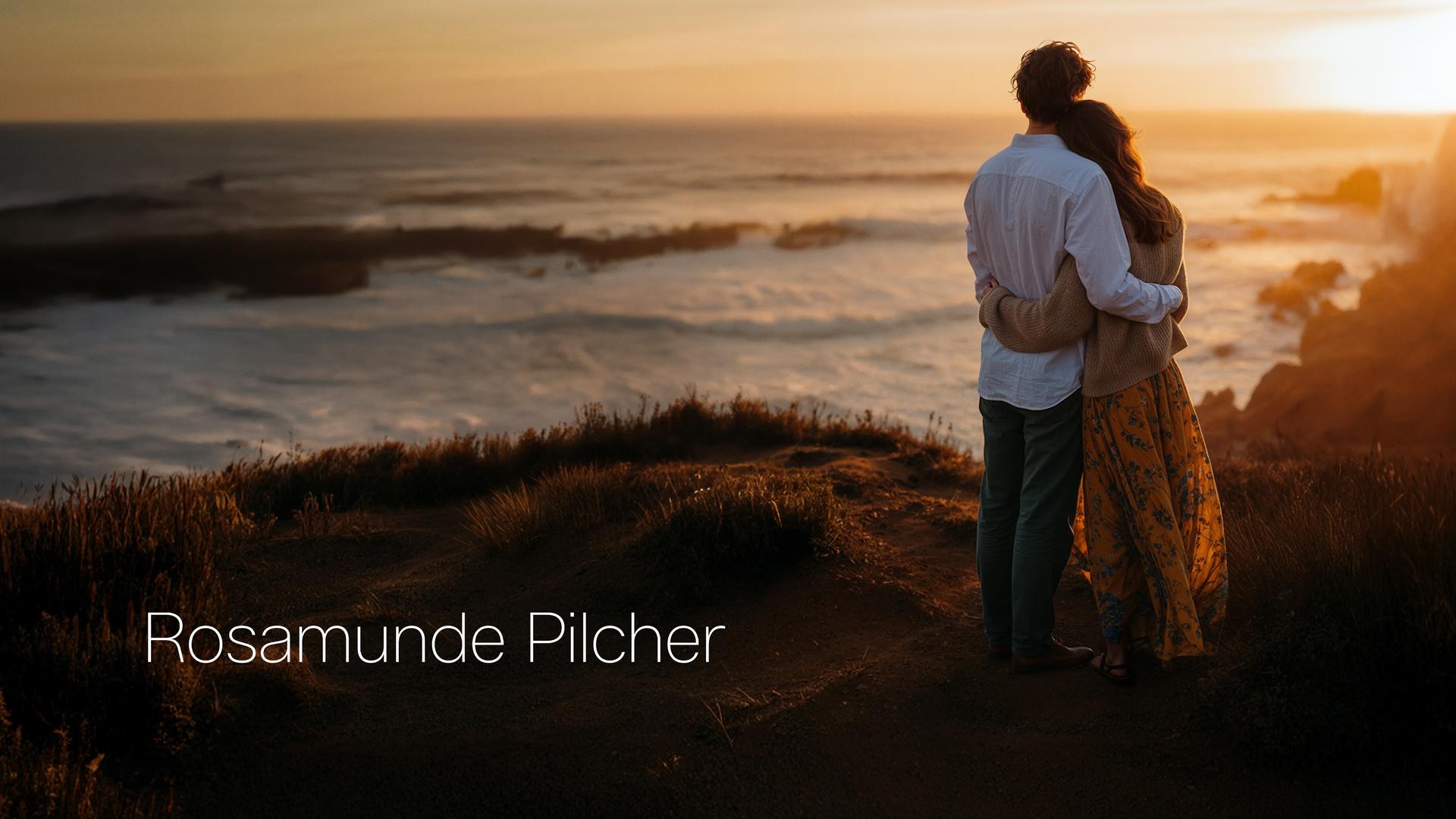 Ein Paar steht auf einem bewachsenen Klippenabsatz und schaut bei Sonnenuntergang auf das Meer. Die Frau trägt einen langen, gelben Rock mit Blumenmuster und einen beigen Pullover, der Mann ein weißes Hemd und grüne Hose. Beide sind von hinten zu sehen und umarmen sich. Die Szene vermittelt Ruhe und Nähe.