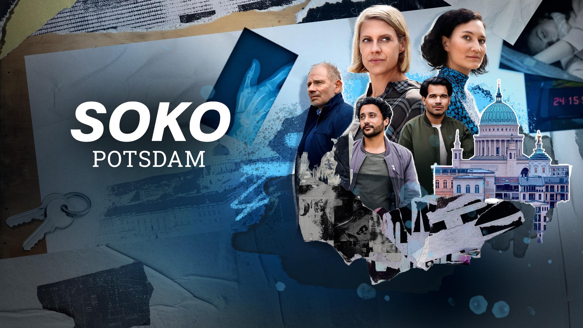 Das Vorschaubild zur ZDF-Krimireihe SOKO Potsdam zeigt eine collageartige Komposition vor kühlem, blauem Hintergrund mit angedeuteten Spuren, Röntgenaufnahme und Schlüsseln als kriminalistische Motive. Von links nach rechts sind Dr. Weissenböck (Florian Odendahl), Franz Ainfachnur (Christofer von Beau), Resi Schwaiger (Mersiha Husagic), Arthur Bauer (Gerd Silberbauer) und Dominik Morgenstern (Joscha Kiefer) in unterschiedlichen Größen arrangiert und blicken entschlossen in verschiedene Richtungen. Im Hintergrund ist die markante Silhouette von Potsdam mit Kuppelbau zu erkennen, die den regionalen Bezug unterstreicht. Die zerrissenen Papierkanten und Kontraste aus Licht und Schatten erzeugen eine spannungsgeladene, kriminalistische Atmosphäre.