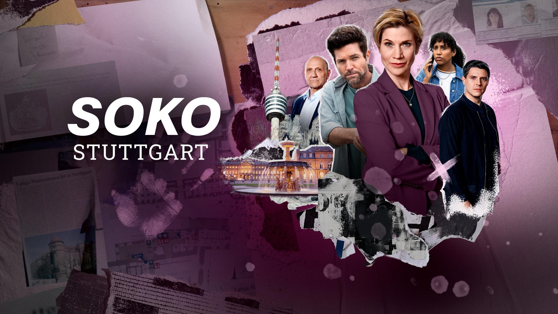 Im Vordergrund stehen fünf Ermittlerinnen und Ermittler des SOKO-Teams nebeneinander, von links nach rechts angeordnet: Michael Kaiser (Karl Kranzkowski), Jo Stoll (Peter Ketnath), Martina Seiffert (Astrid Fünderich), Lea Gomez (Jasmin Gassmann), Rico Sander (Benjamin Strecker).